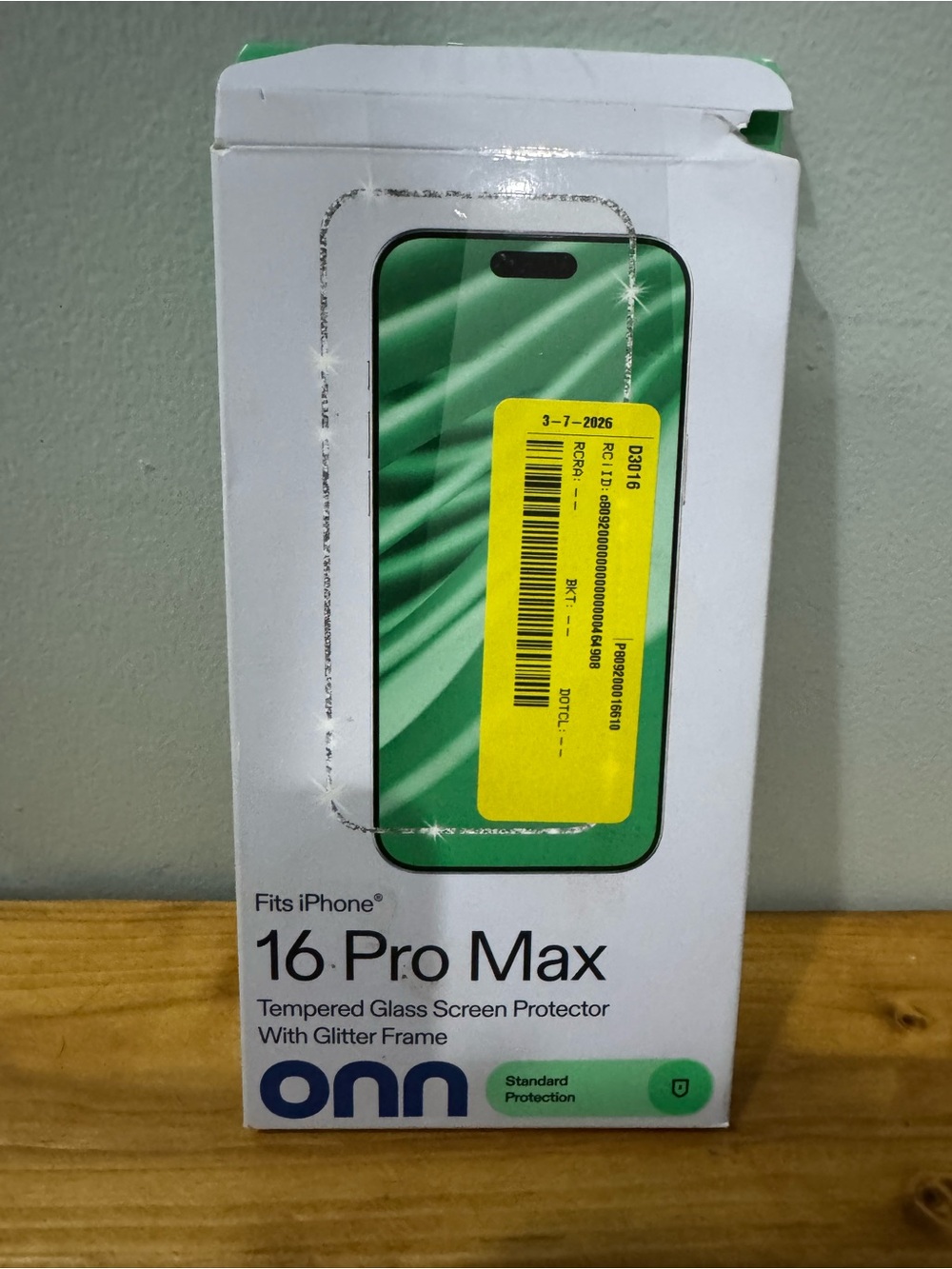 onn Tempered Glass Screen Protector for iPhone 16 Pro Max — Green Glitter Frame